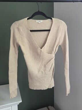 Max Studio Beige Ribbed Faux Wrap Long Sleeve Knit